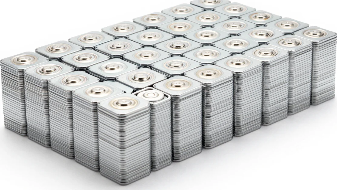 Bright high-key product photography of a stack of lithium battery