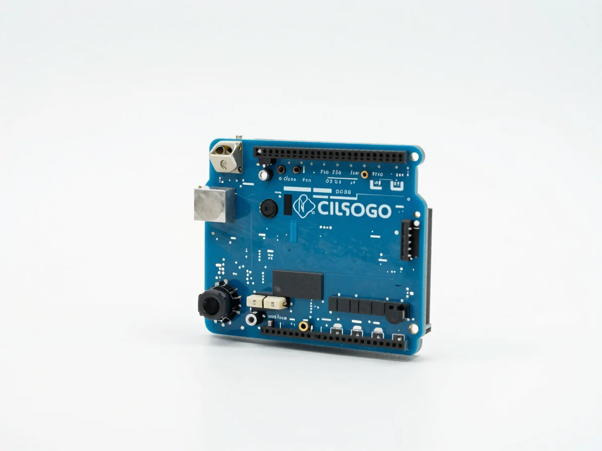 Crisp standalone product shot of an Arduino board on a white studio backdrop, sharp detail, clean commercial studio ligh