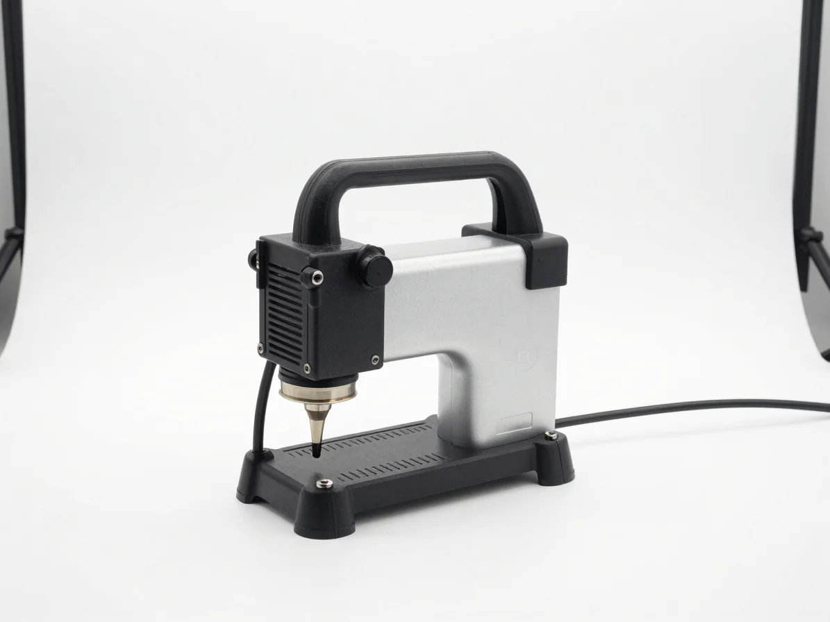 Crisp standalone product shot of a spot welder on a white studio backdrop, sharp detail, clean commercial studio lightin
