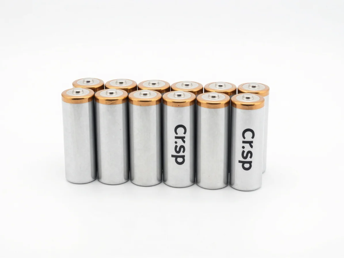 Crisp standalone product shot of lithium battery cells on a white studio backdrop, sharp detail, clean commercial studio