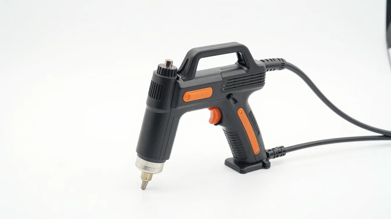 Bright high-key product photography of a compact spot welder on a